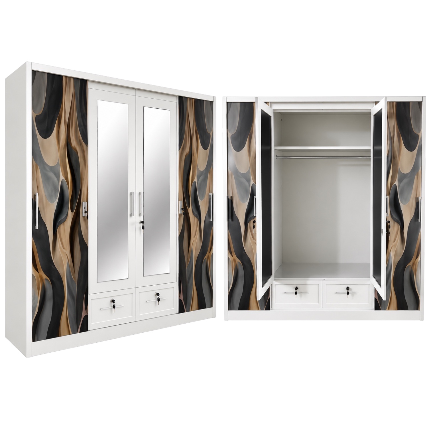 Zevora 4-Door Metal Wardrobe with Dual Mirrors & 2 Drawers