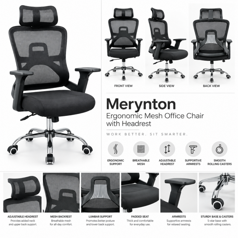 Merynton Ergonomic Mesh Office Chair with Headrest