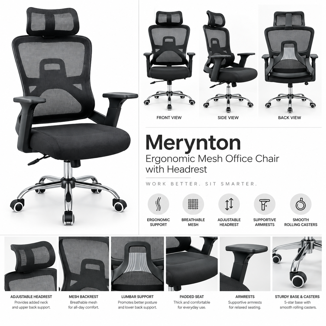 Merynton Ergonomic Mesh Office Chair with Headrest