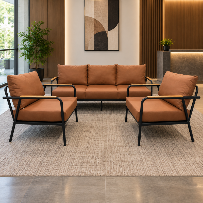 Denvora 3+1+1 modern office sofa set in cognac brown with black metal frame, three-seater sofa and two single-seater chairs