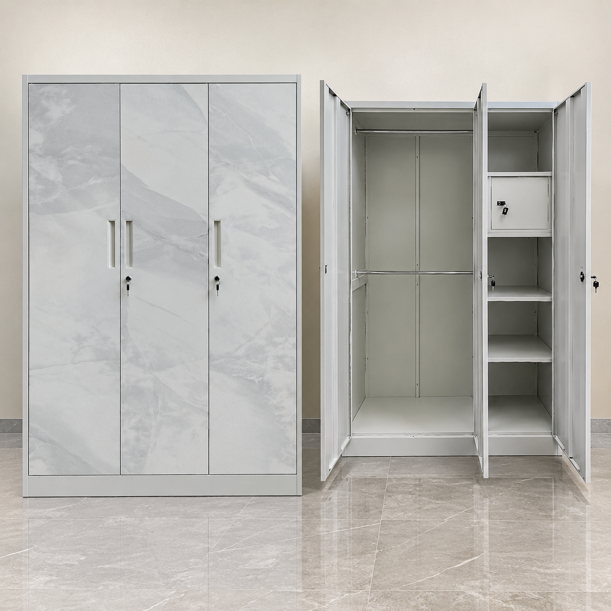 Maviston 3-Door Metal Wardrobe – White Marble
