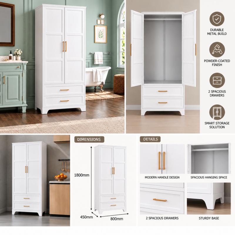 Alternative view of Morcelle 2-Door Metal Wardrobe with Drawer – Vanilla