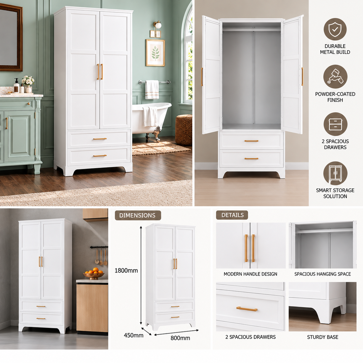 Morcelle 2-Door Metal Wardrobe with Drawer – Vanilla - Image 2
