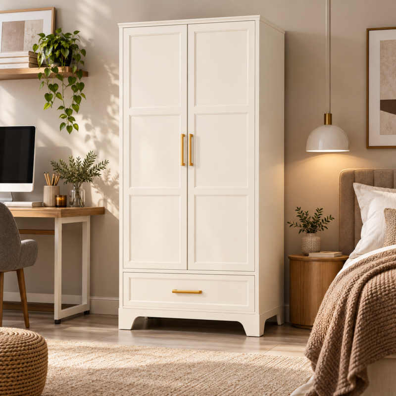 Morcelle 2-Door Metal Wardrobe with Drawer – Vanilla