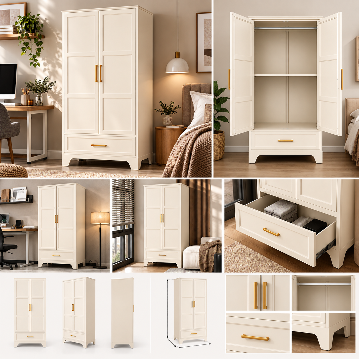 Morcelle 2-Door Metal Wardrobe with Drawer – Vanilla - Image 2