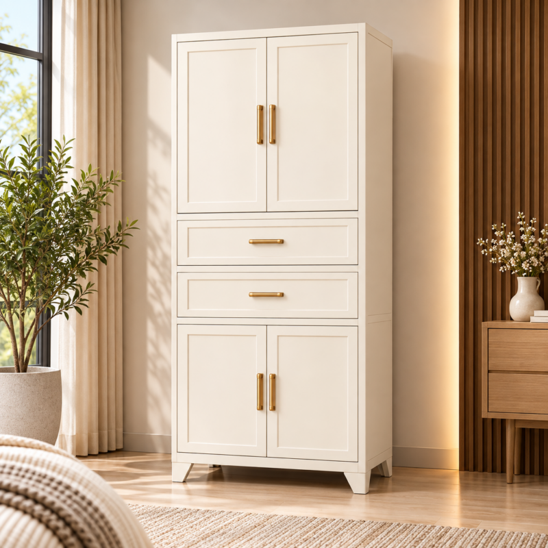 Mordevane 4-Door Metal Wardrobe with 2 Drawers – Vanilla