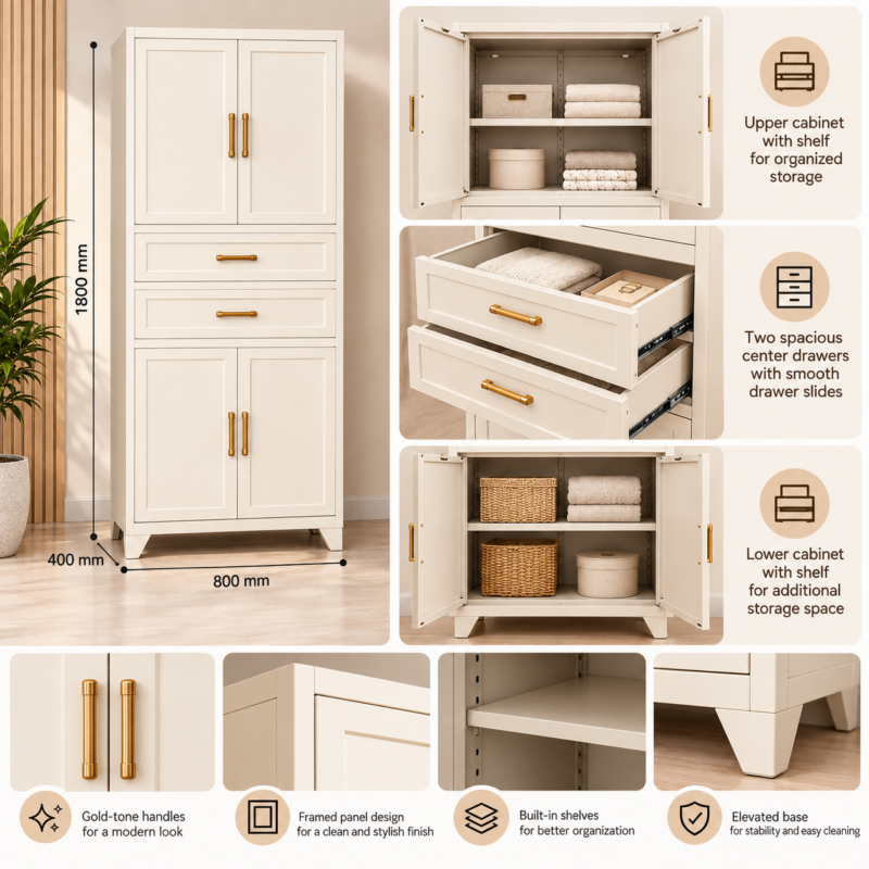 Alternative view of Mordevane 4-Door Metal Wardrobe with 2 Drawers – Vanilla