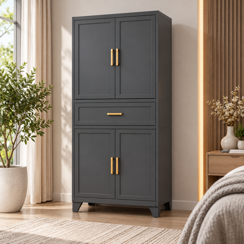 Mordevane 4-Door Metal Wardrobe with Drawer – Grey