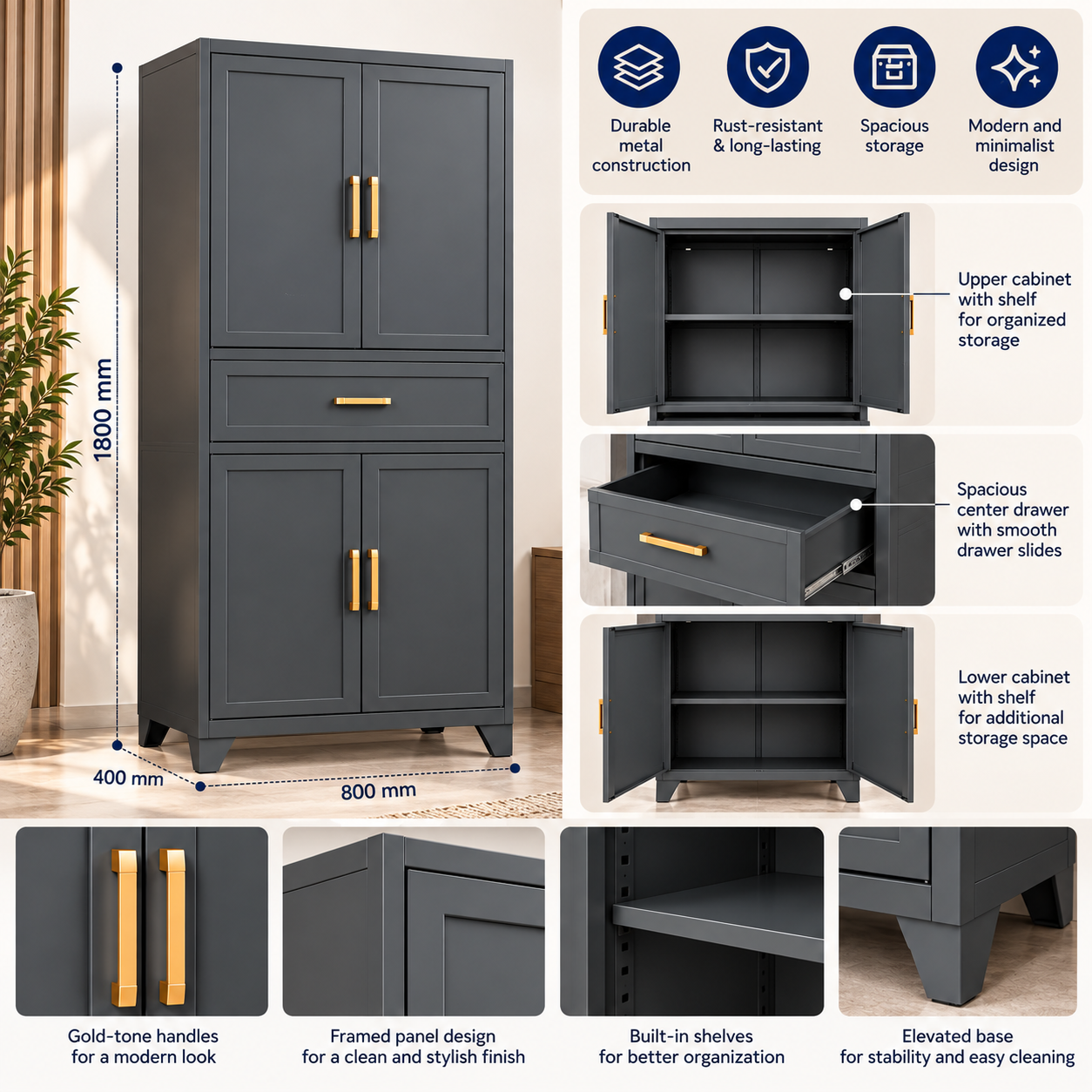 Mordevane 4-Door Metal Wardrobe with Drawer – Grey - Image 2
