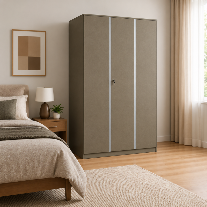 Morenza 3-Door Linen Grey Wardrobe Cabinet