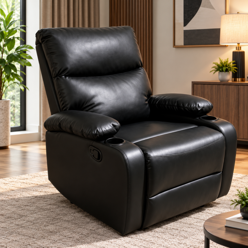 Pavello Black Leather Swivel Recliner Chair with Dual Cup Holders – Furniture Manila