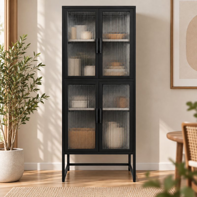 Tavermont Tall Fluted Glass Storage Cabinet – Black