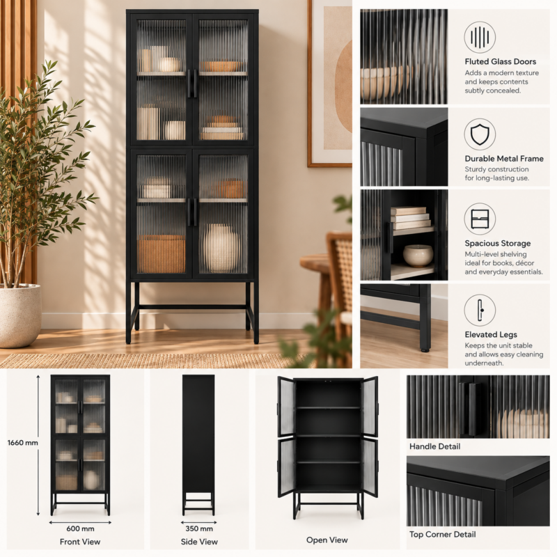 Alternative view of Tavermont Tall Fluted Glass Storage Cabinet – Black