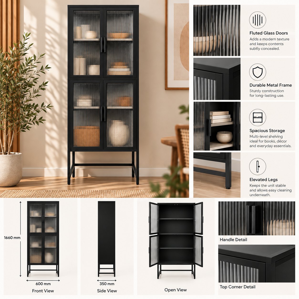 Tavermont Tall Fluted Glass Storage Cabinet – Black - Image 2