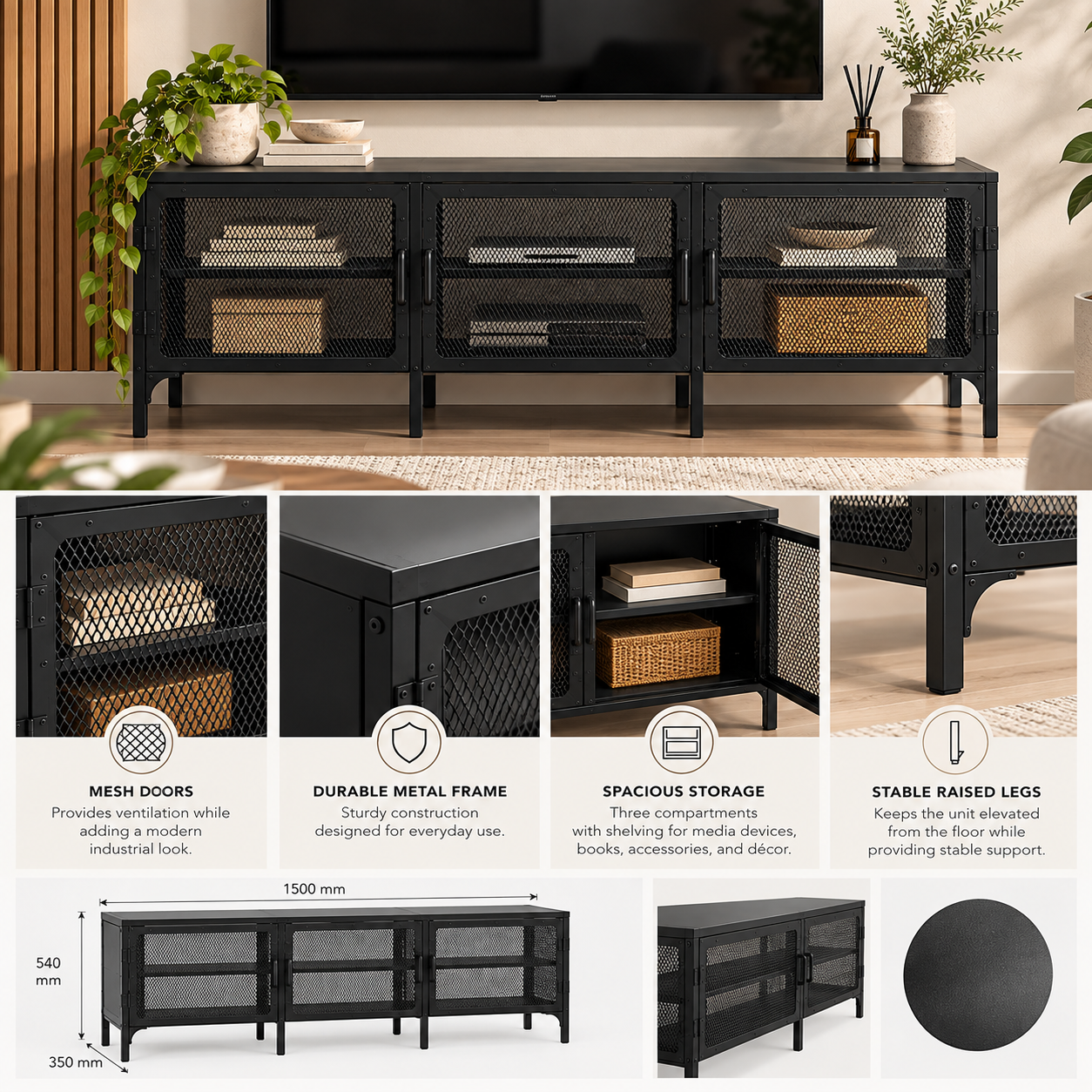 Tavrik Mesh-Door TV Stand – Black - Image 2