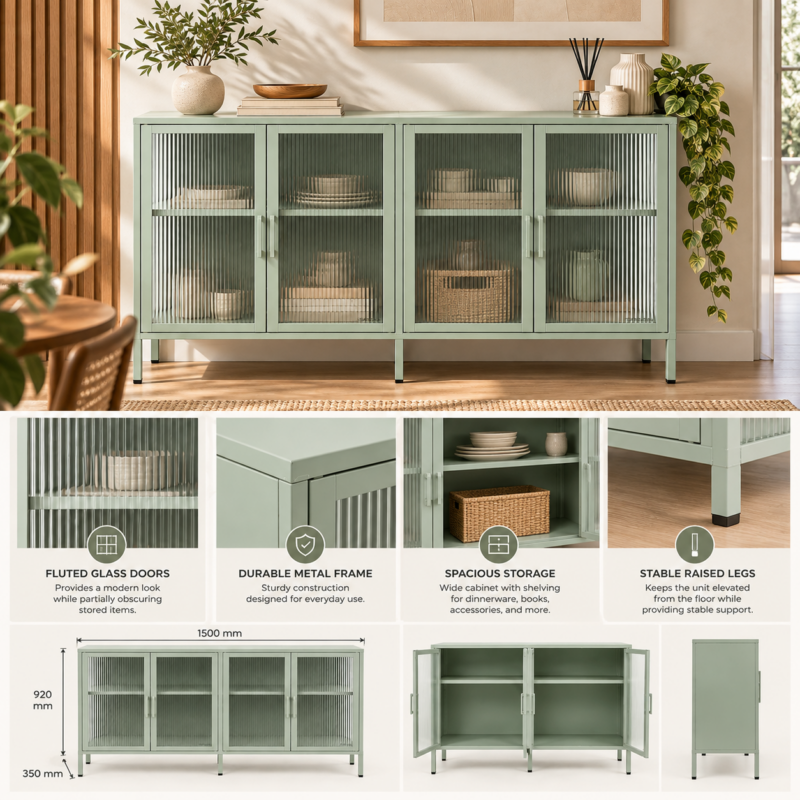 Alternative view of Tervelle Fluted Glass Buffet Cabinet – Sage Green
