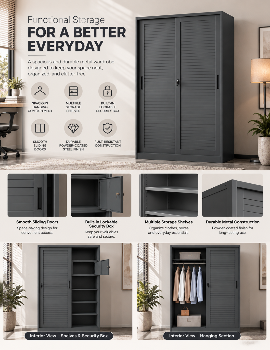 Trevannon Sliding-Door Metal Wardrobe – Gray - Image 2