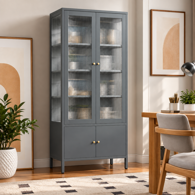 Trevayne Fluted Glass Metal Display & Storage Cabinet – Grey