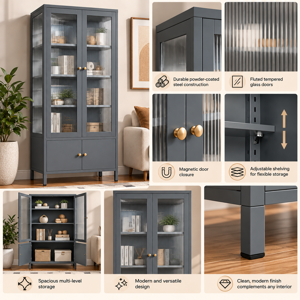 Trevayne Fluted Glass Metal Display & Storage Cabinet – Grey - Image 2