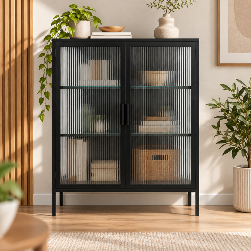 Trevayne Fluted Glass Storage Cabinet – Black