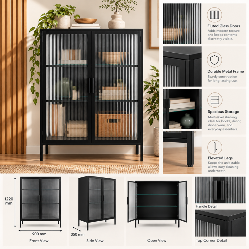 Alternative view of Trevayne Fluted Glass Storage Cabinet – Black