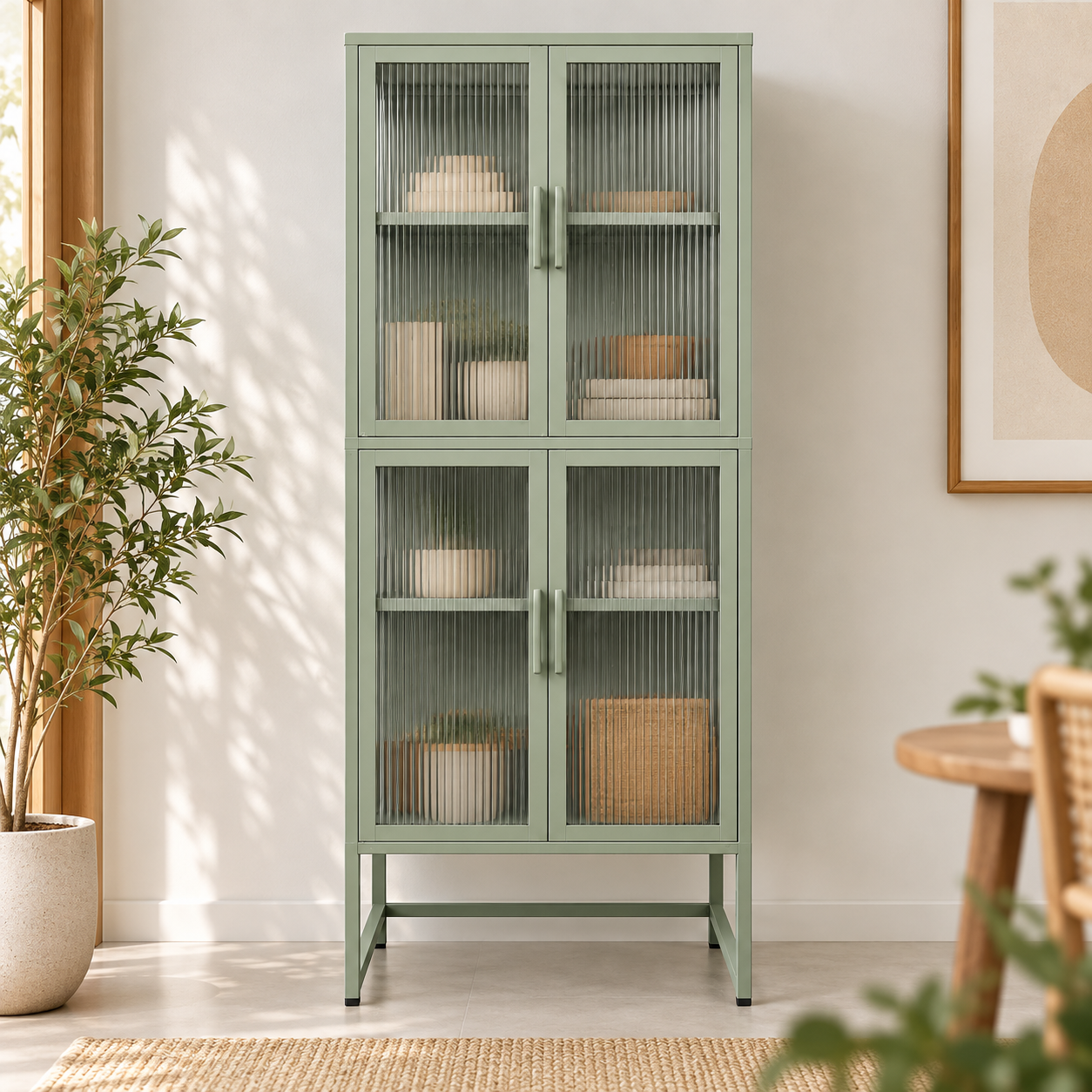 Trevayne Fluted Glass Storage Cabinet – Sage Green