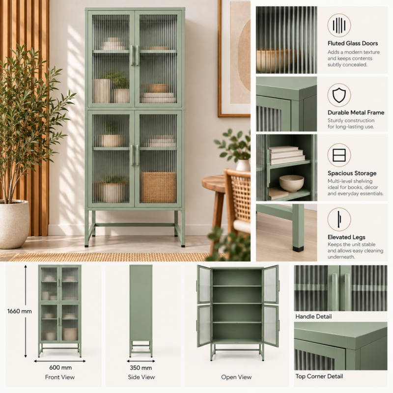 Alternative view of Trevayne Fluted Glass Storage Cabinet – Sage Green