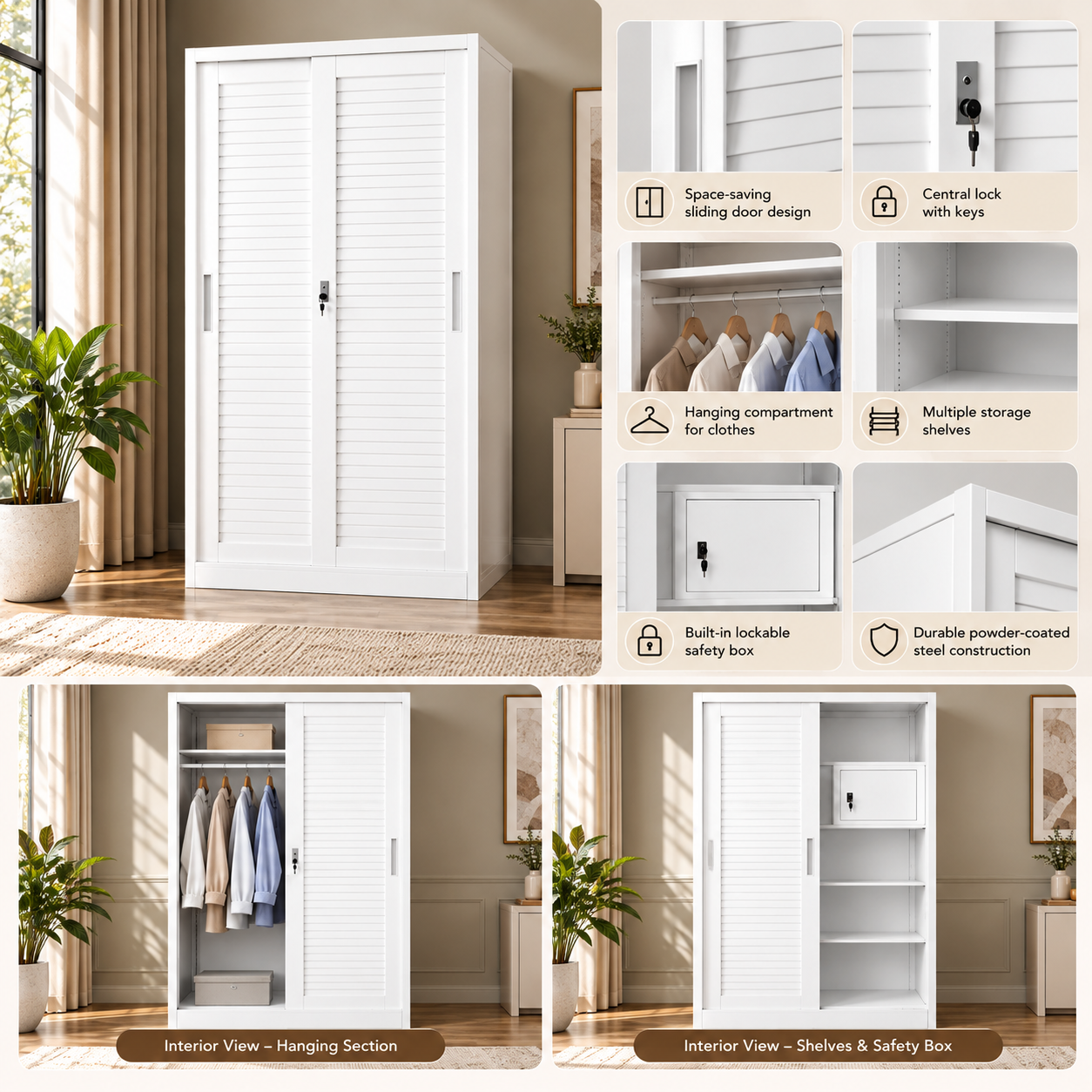 Trevayne Sliding-Door Metal Wardrobe with Safety Box – White - Image 2