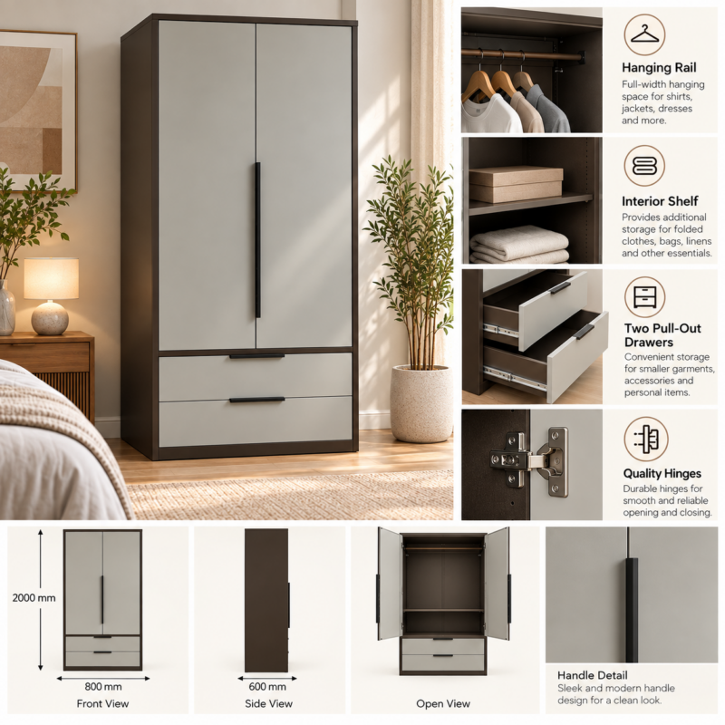 Alternative view of Trevellan 2-Door Wardrobe with 2 Drawers – Cashmere