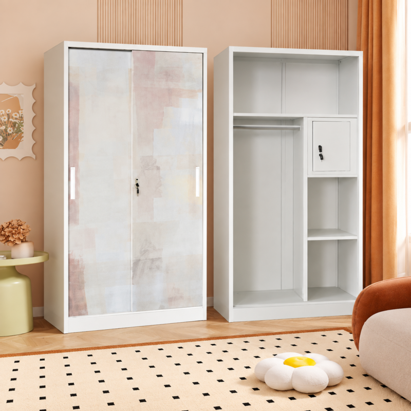 Trevessa Abstract Sliding-Door Metal Wardrobe – White
