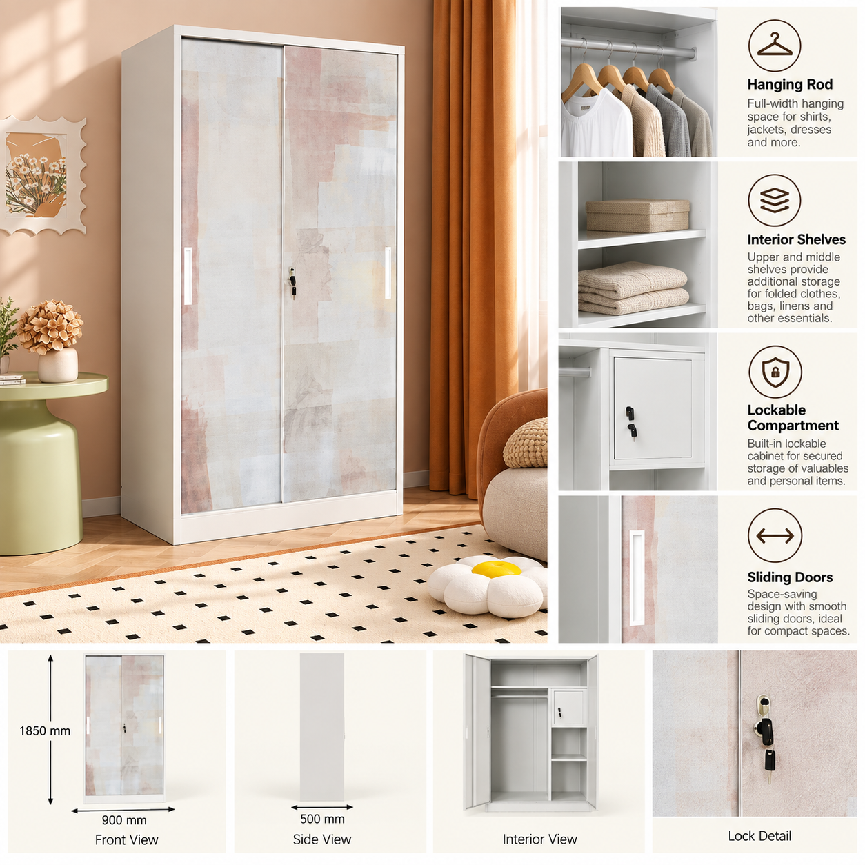 Trevessa Abstract Sliding-Door Metal Wardrobe – White - Image 2