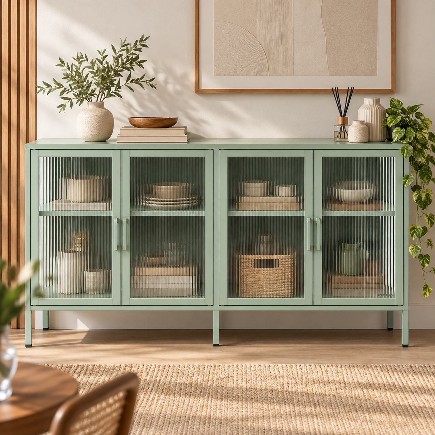 Tervelle Fluted Glass Buffet Cabinet – Sage Green